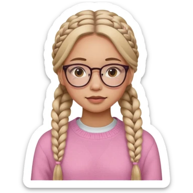 black cute young adult girl with classes and braids that are long , and some blush, in a pink sweater  sticker