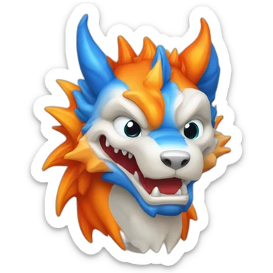 Un dragon mi loup de couleur rouge, bleu, blanc et orange moutardes avec des corne de bélier orange moutard. Il qui crache du feux sticker