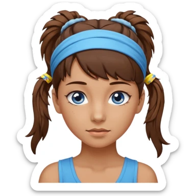 A girl with a messy ponytail, she’s tanned blue eyes and brown hair with a headband on sticker