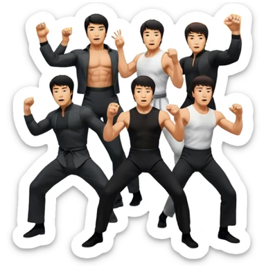 Icon for Action Movies: Collage of Arnold Schwarzenegger, Sylvester Stallone, Bruce Lee, and Jackie Chan in iconic action poses, surrounded by explosions, weapons, and martial arts moves. The design should capture the high-energy, dynamic nature of their films. Transparent background. sticker