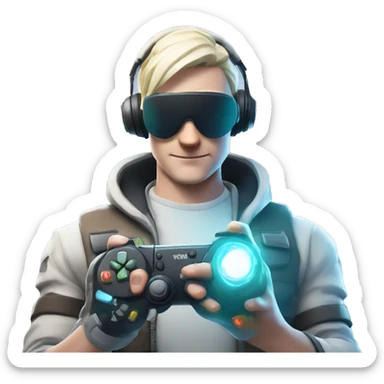 Futuristic fortnite background with a pale skin person in their 40s with a game controller playing a game sticker