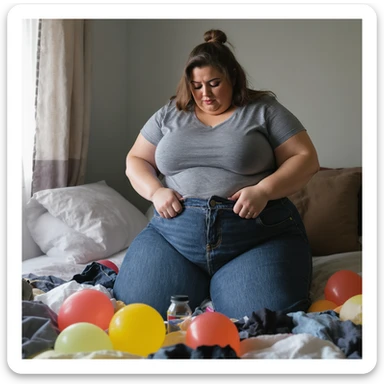 realistic plus-size woman struggling to pull jeans over swollen balloon-like thighs, seams bursting like popped balloons, bedroom littered with failed clothing attempts, vertical format sticker