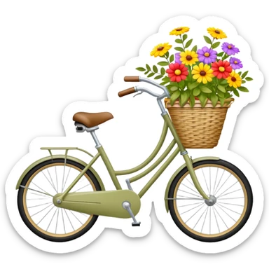 A pale olive bike with a basket and flowers in it sticker