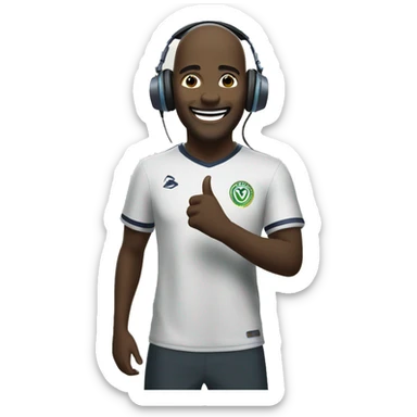 a white man is very happy because his favourite team has won a match he is wearing a headphone and standing in a ground behind him stadium is present sticker