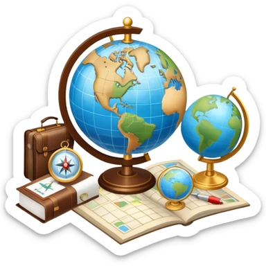 An icon featuring a hotel building, and a globe, symbolizing the scientific study of tourism and hospitality. The design includes a map, a compass, and a checklist, representing travel planning and service management. Transparent background highlights the academic exploration of the tourism industry sticker