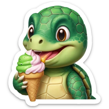 cute turtle portrait, head and shoulders only, licking an ice cream cone, funny happy expression, 3D cartoon, mobile game icon style, clean background, no text, no watermark
 sticker