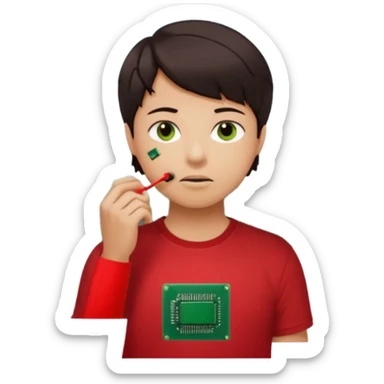 A young person wearing a red T-shirt indoors, short dark hair, holding a small green electronic circuit board near the mouth in a thoughtful pose. Warm natural lighting, window with blinds in the background, casual tech-inspired vibe. sticker