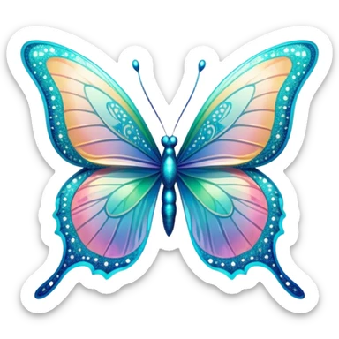 Pastel sparkly cyan glittery iridescent rainbow transparent butterfly with detailed intricate patterns sticker
