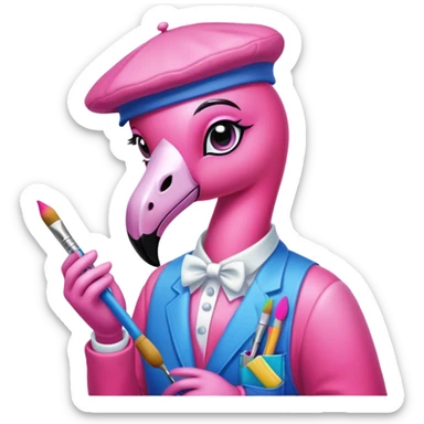 A flamingo dressed up as a painter in a Lisa Frank-style aesthetic sticker