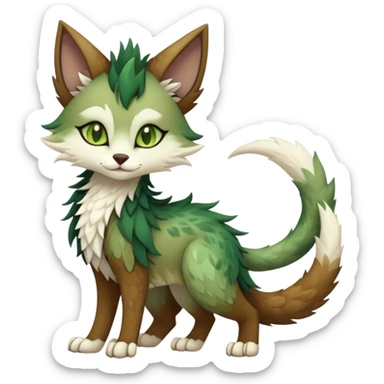 Kawaii dark cute cool brown beige white fantasy ethereal feline-vernid-sergal-fursona animal creature with a tufted tail full body with intricate markings, hazel-gold-green eyes sticker