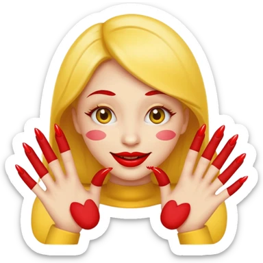 yellow smiley emoji face with big red lips and two hands with long red nails sticker
