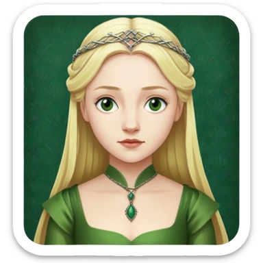 Elizabeth Woodville is the queen of York and looks like a blonde Rebecca Ferguson. She is wearing a green dress and looks like a Game of Thrones Character sticker