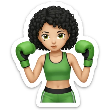 a girl with black curly hair and olive skin in a green workout outfit, boxing sticker