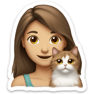 smiling girl with brown hair Persian cat on shoulder  sticker
