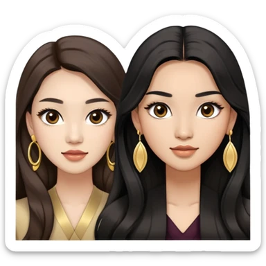 A two woman one is a asian with light skin and brown wavy long hair, big round brown eyes with long lashes and a bit of makeup and another is asian woman with black straight long hair with light tan skin and with big round dark brown eyes with full long lashes. Both wears a gold earrings sticker