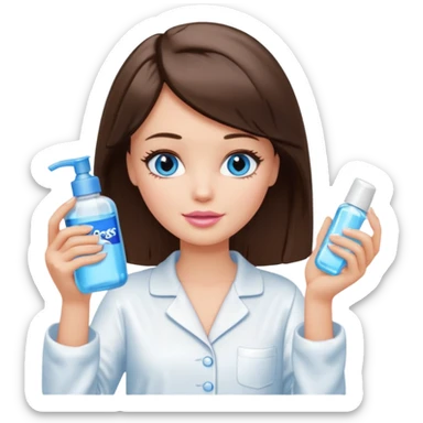 Barbie girl with makeup, blue eyes , and bob long haircut, short brown hair in white pajamas, face gel in hand sticker