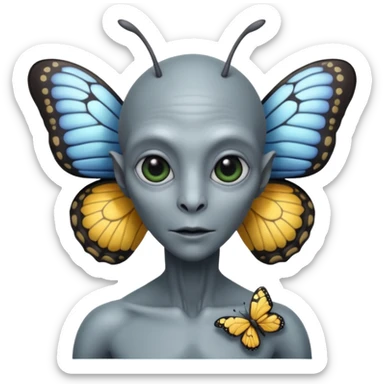 an normal grey alien with seperate a butterfly on shoulder sticker