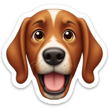 a big red/brown dog that’s goofy and has a head bump sticker