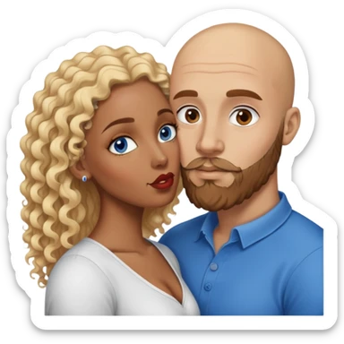 bald head man with brown eyes and beard kissing African woman with blue eyes and curly blonde hair sticker