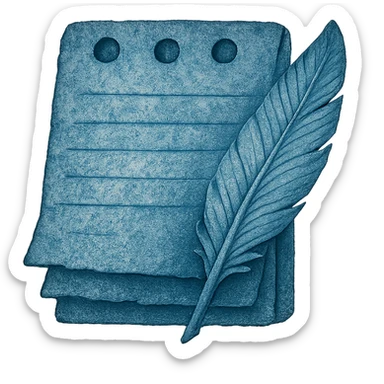 Windows 11 Notepad icon in the style of an ancient blue note, layered parchment, blue hues, weathered texture, and a decorative feather, no text, just the notepad look, option 8 sticker