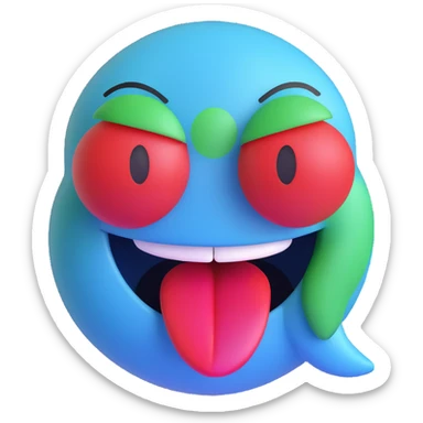 Create a blue smiley face laughing emoji in the same cartoon 3D style as the reference image, with green eyes, a big open mouth, and a red tongue. sticker