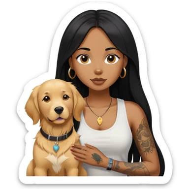 a black girl with long black  straight hair with  tattoos on the chest in the tank top and  a golden retriever sticker