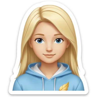 Woman with blonde straight hair and side part, serene smile, dreamy eyes, wearing a light blue fantasy-sporty hoodie with golden and white details sticker