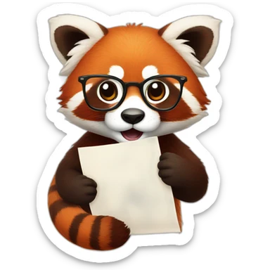 a red panda with glasses holds a piece of paper sticker