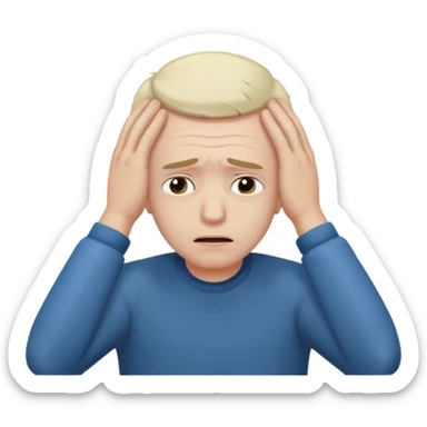 A white man sits at his desk, clutching his head in his hands. sticker