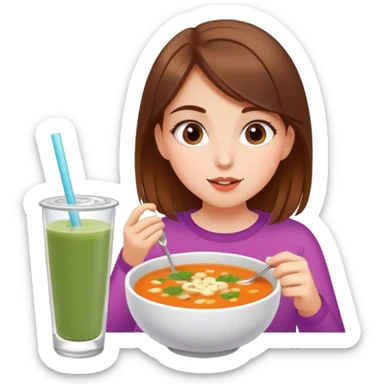 Girl eating soup and smoothie brown hair sticker