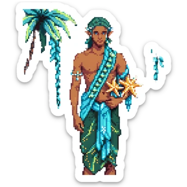 elf male Sarong with bioluminescent embroidery, armful of starfish, hair in a braid with pearl pins sticker