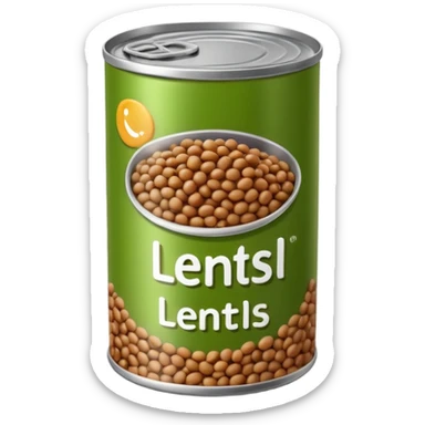 open can filled with moist, shiny brown-green lentils, smooth surface, soft rounded shapes, a few lentils spilling at the edge, no spoon, no label, no garnish, soft lighting, subtle shadows, transparent background, emoji scale sticker