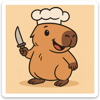 Add a chef hat to the adorable cartoon capybara with a small knife, keeping it friendly and non-threatening in appearance. sticker