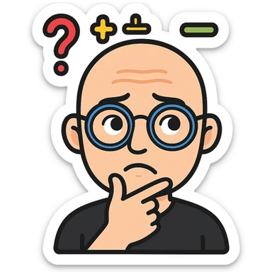 Add a thinking expression to the bald headed man with glasses and math symbols over his head, keep the background transparent. sticker