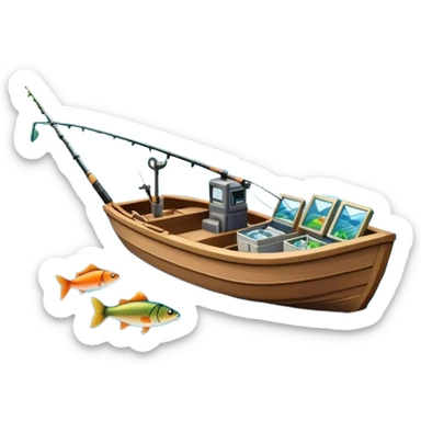 Icon for Fishing Travel: a boat on a calm lake surrounded by mountains and lush greenery, with fish jumping out of the water, a fishing rod, tackle box. The icon should capture the peaceful and adventurous nature of fishing trips. Transparent background. sticker