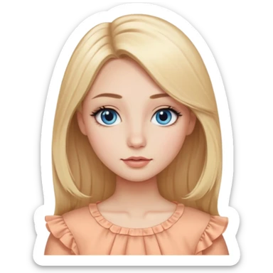 Blonde girl with small close-set blue eyes and eyeliner, long and straight eyebrows, long round nose, wide not full lips, long oval face shape, ruffle peach top, long blow out hair, middle part  sticker