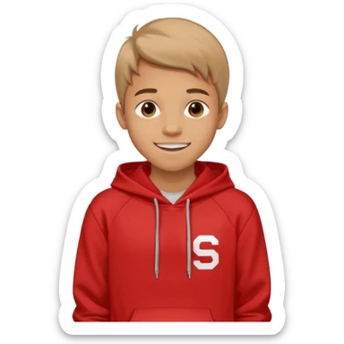 make me an emoji of an americain 19 yearold boy in a red hoodie that says "south" on it and give him with tan skin with his hands in his pockets with the sleevs pulled up grining with a jaw line  sticker