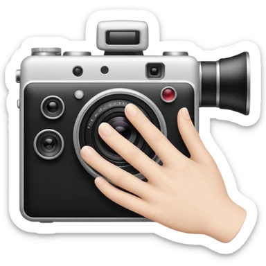 Minimalist emoji-style sticker of a photo camera ejecting a photo, but a hand comes out instead. Black and white, surreal icon.
 sticker
