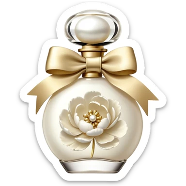 pearl white vintage style perfume bottle and ivory colored peonies and a gold bow sticker