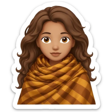 Cozy mixed girl with long wavy hair wrapped in blanket for fall sticker