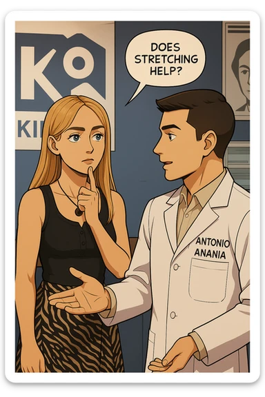 fai un webtoon/manga a colori con questo kinesiologo in camice bianco (fagli la scritta "ANTONIO ANANIA" SUL CAMICE) CHE PARLA CON QUESTA RAGAZZA CON GLI OCCHI AZZURRI. la ragazza HA UN DITO SUL MENTO MENTRE PENSIEROSA gli fa una domanda e IL KINESIOLOGO CON IL CAMICE BIANCO LE risponde. NON FARE I FUMETTI, FAI SOLO LORO COME SE DIALOGASSERO sticker