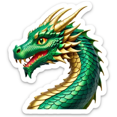 Cinematic Noble Dragon Portrait Emoji, Poised and majestic, with a sinuous, elongated body covered in intricately detailed, shimmering scales in hues of emerald and gold, and piercing, fiery eyes that reflect ancient wisdom; rendered with lifelike texture and natural highlights, high shine, intelligent and formidable, styled with an aura of mythic power, focused and attentive, soft glowing outline, capturing the essence of a legendary dragon that appears ready to soar out of the screen with timeless authority! sticker