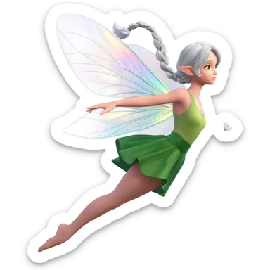 A winged flower fairy white skin girl, wearing a short skirt, one leg straight and the other bent, her body tilted, in a flying pose. sticker