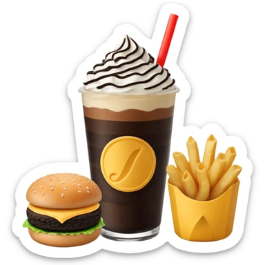 Crea una escena estilo restaurante que incluya: una 🍔 hamburguesa jugosa, un 🥤 frappé de galleta oreo en vaso de vidrio con popote, 🍟 papas fritas sticker