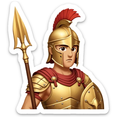Cinematic-realistic Achilles emoji portrait fearlessly on the battlefield of Troy. His trojan armor gleams , each intricate engraving telling tales of his past glories. His piercing gaze locks onto his foe, his grip tightening around his spear.  sticker
