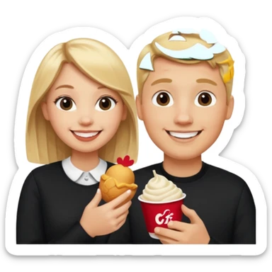 Couple with blonde hair wearing black eating chick filet  sticker