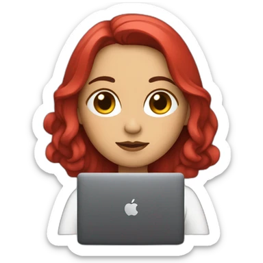 Mujer joven con cabello rojizo con MacBook sticker