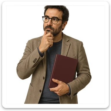 Mediterranean man with features suggesting he is a PhD owner in sociology, wearing glasses, smart-casual attire, holding a book or diploma, with a thoughtful expression sticker