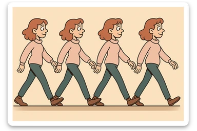 animated sequence of a woman walking on a horizontal runway, step-by-step walking frames, flat illustration style sticker
