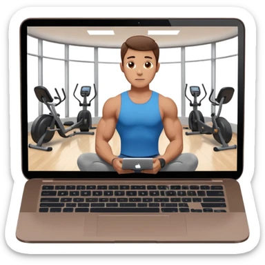Open laptop on a dark background, showing a male fitness trainer inside a modern professional gym on the screen— smooth rounded edges, soft lighting, no text or logos, minimalistic and high-quality rendering. Only the laptop is visible, centered sticker
